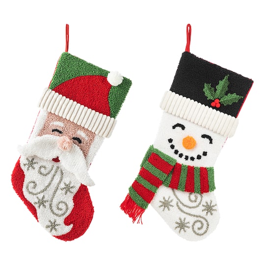 Glitzhome&#xAE; 20.5&#x22; Santa &#x26; Snowman Hooked Stocking Set